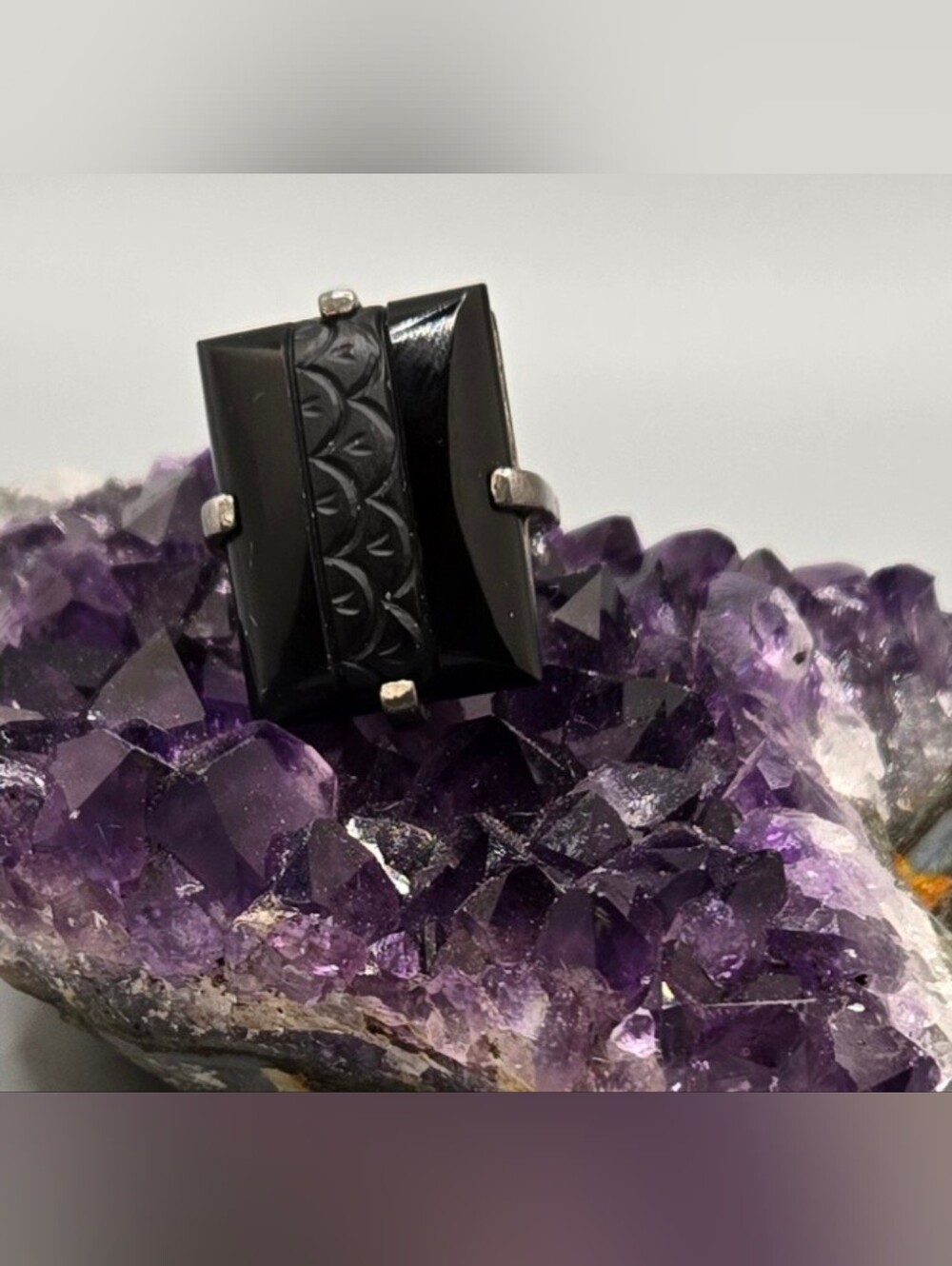 Art Deco Ring Carved Black Tourmaline or Onyx Sz 2¾